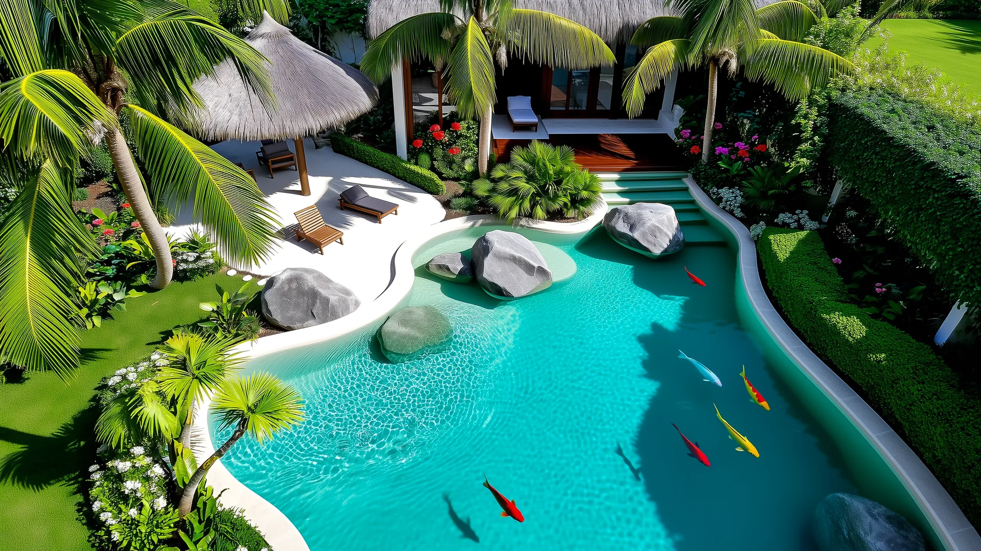 Lago ornamental com carpas Nishikigoi